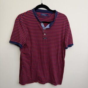 Polo Ralph Lauren Shirt Mens Medium Red Navy Striped Henley Tee Casual Soft Top